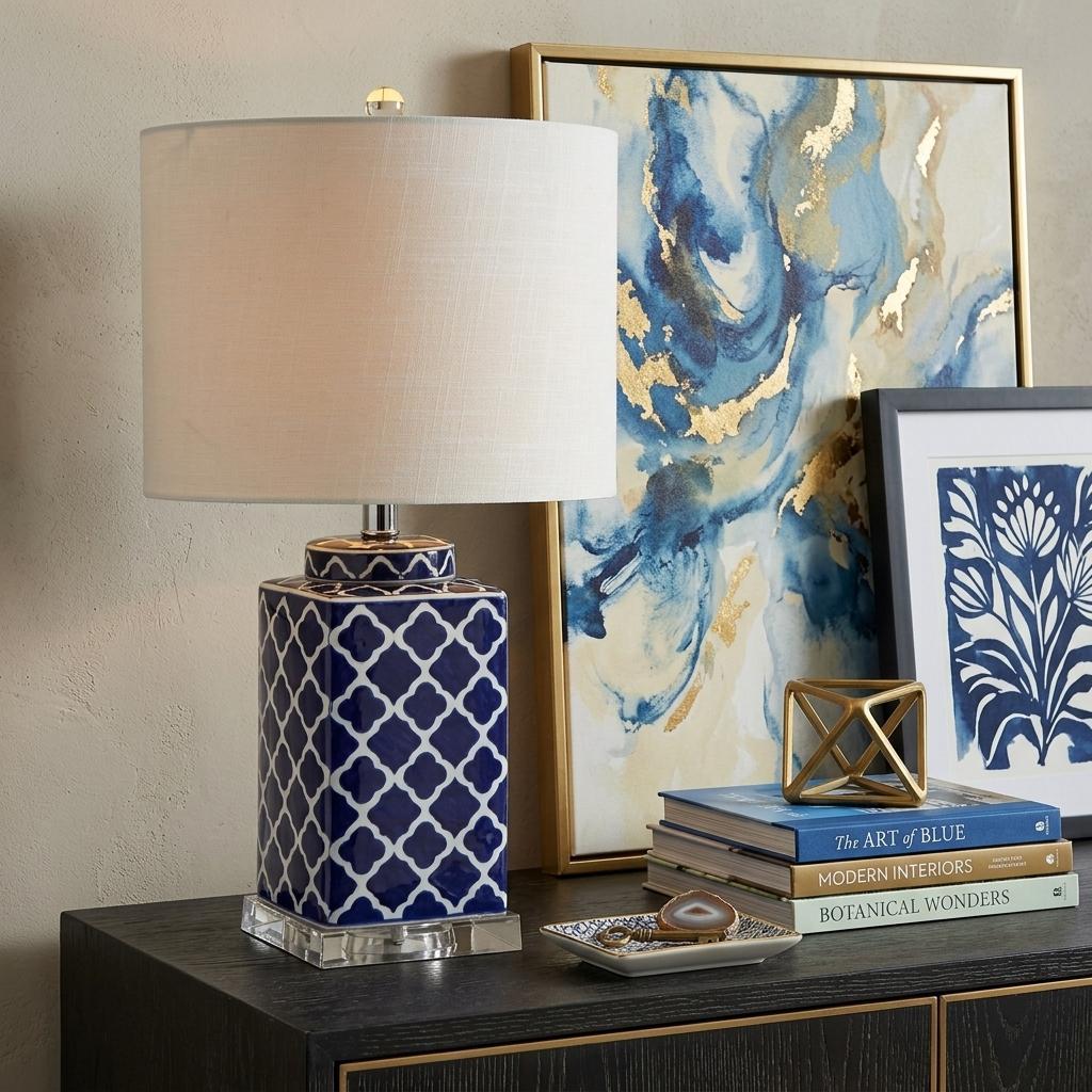 23" Clear Navy Blue And White Geometric Table Lamp With Drum Shade