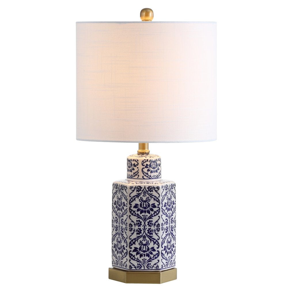 24" Navy Blue Gold And White Table Lamp With Drum Shade