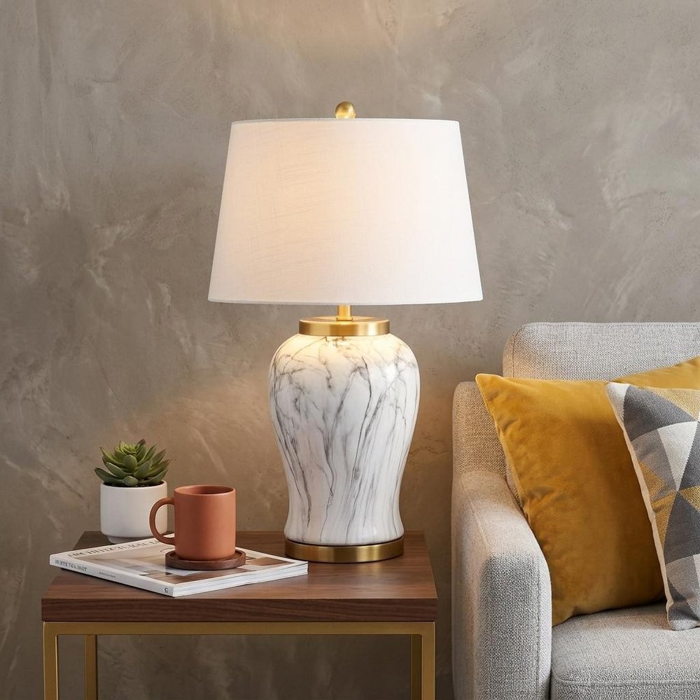 28" Gray White And Gold Urn Table Lamp With Empire Shade