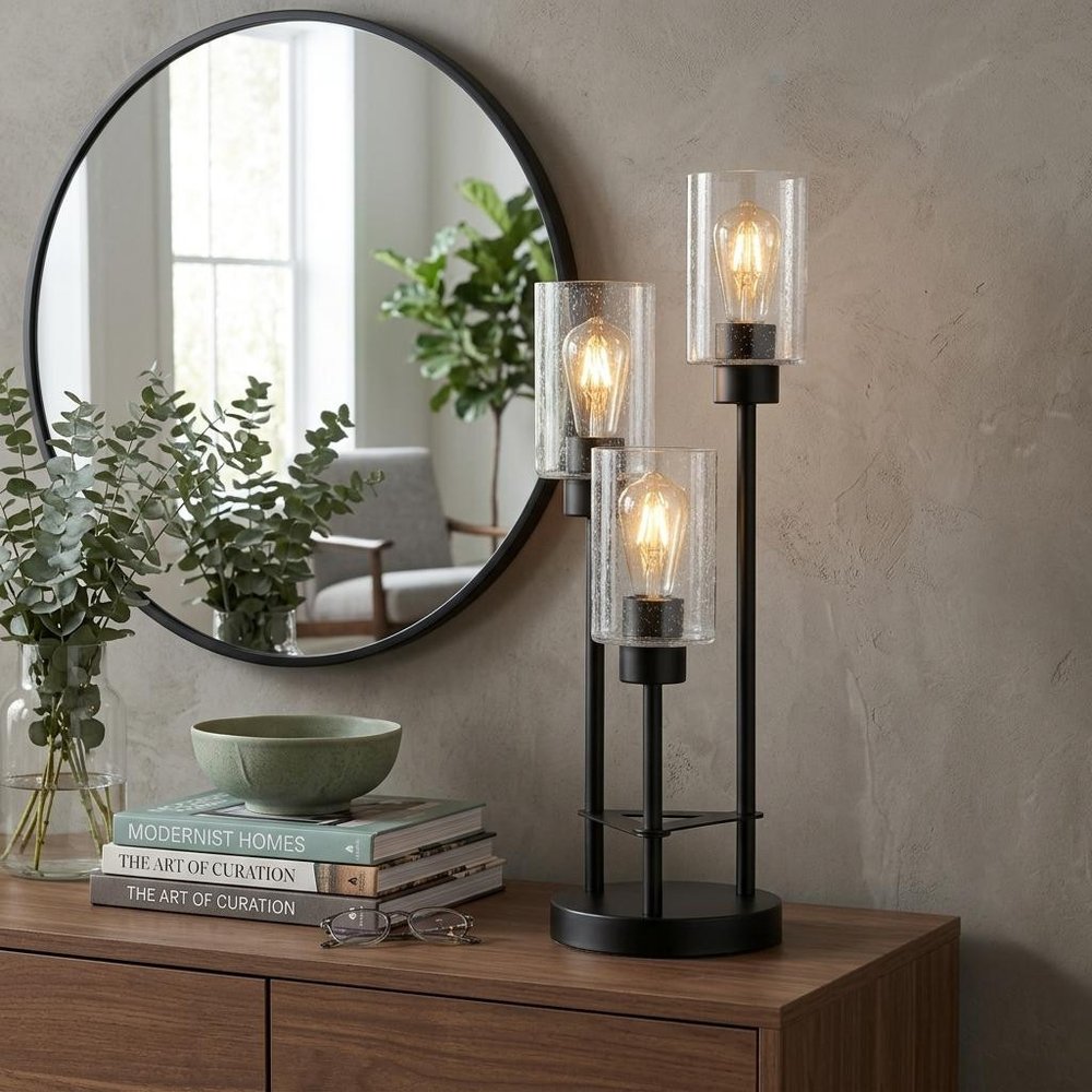 21" Black Three Light Novelty Table Lamp With Cylinder Shade