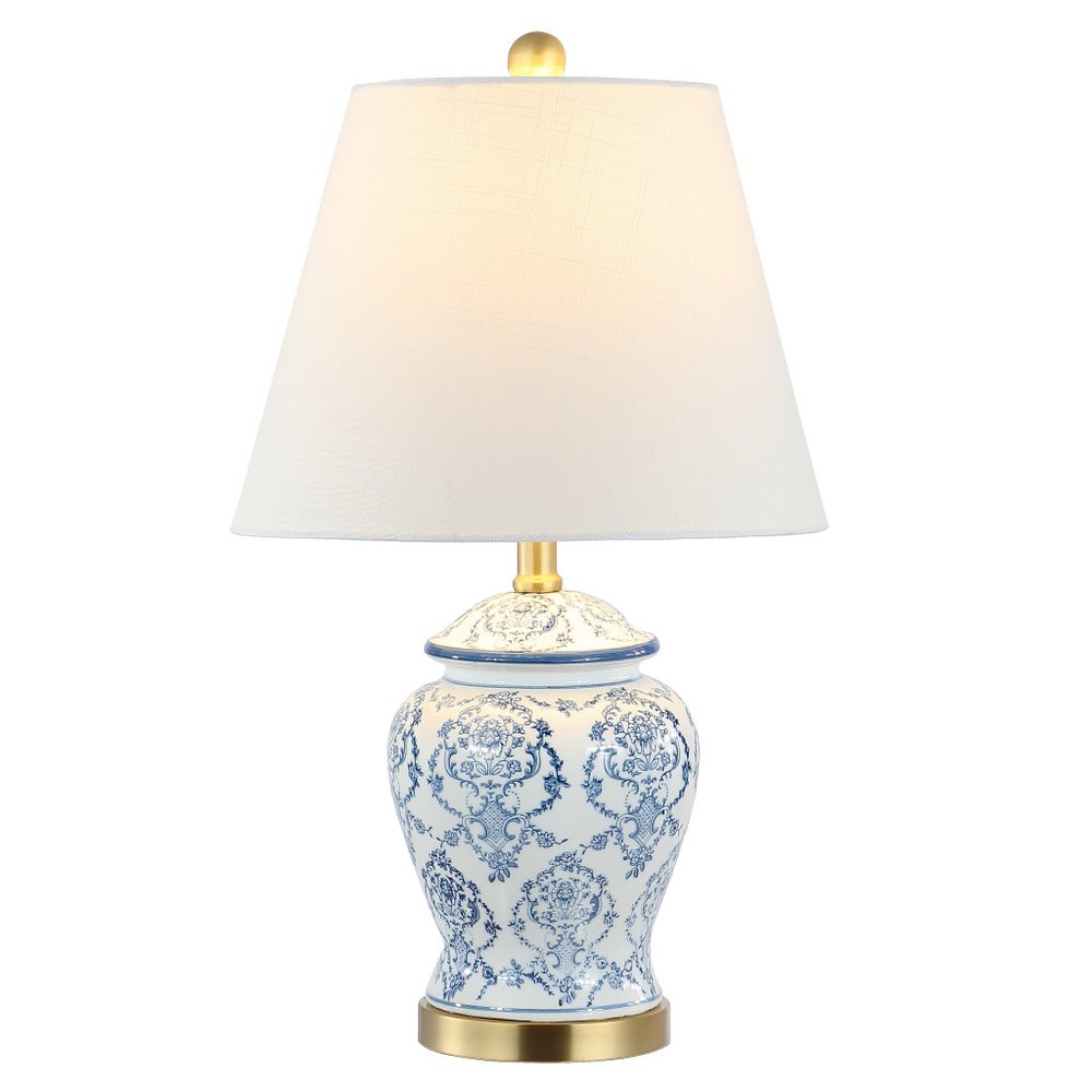 22" White Blue And Gold Urn Table Lamp With Empire Shade