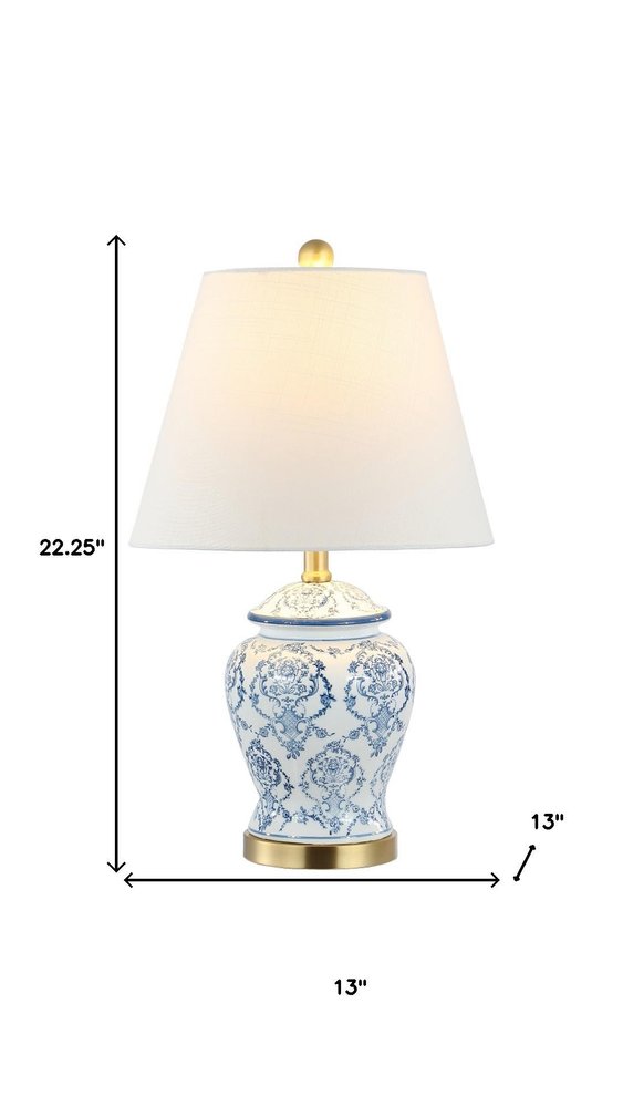 22" White Blue And Gold Urn Table Lamp With Empire Shade