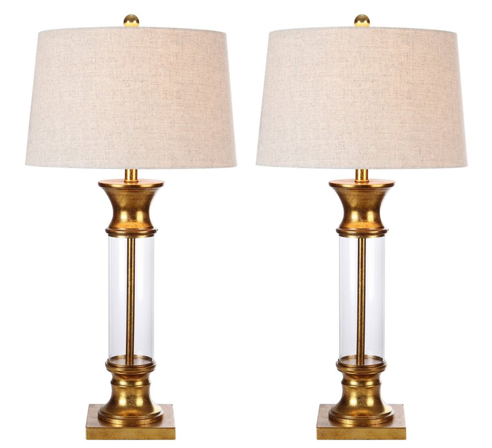 Set of Two 32" Gold Novelty Table Lamps With Drum Shades