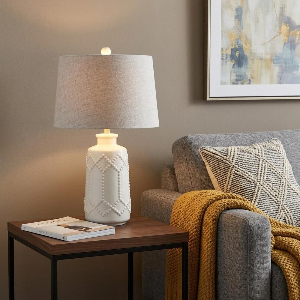 26" Cream Table Lamp With Drum Shade