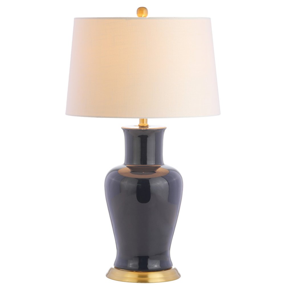 29" Navy Blue And Gold Urn Bedside Lamp With Drum Shade