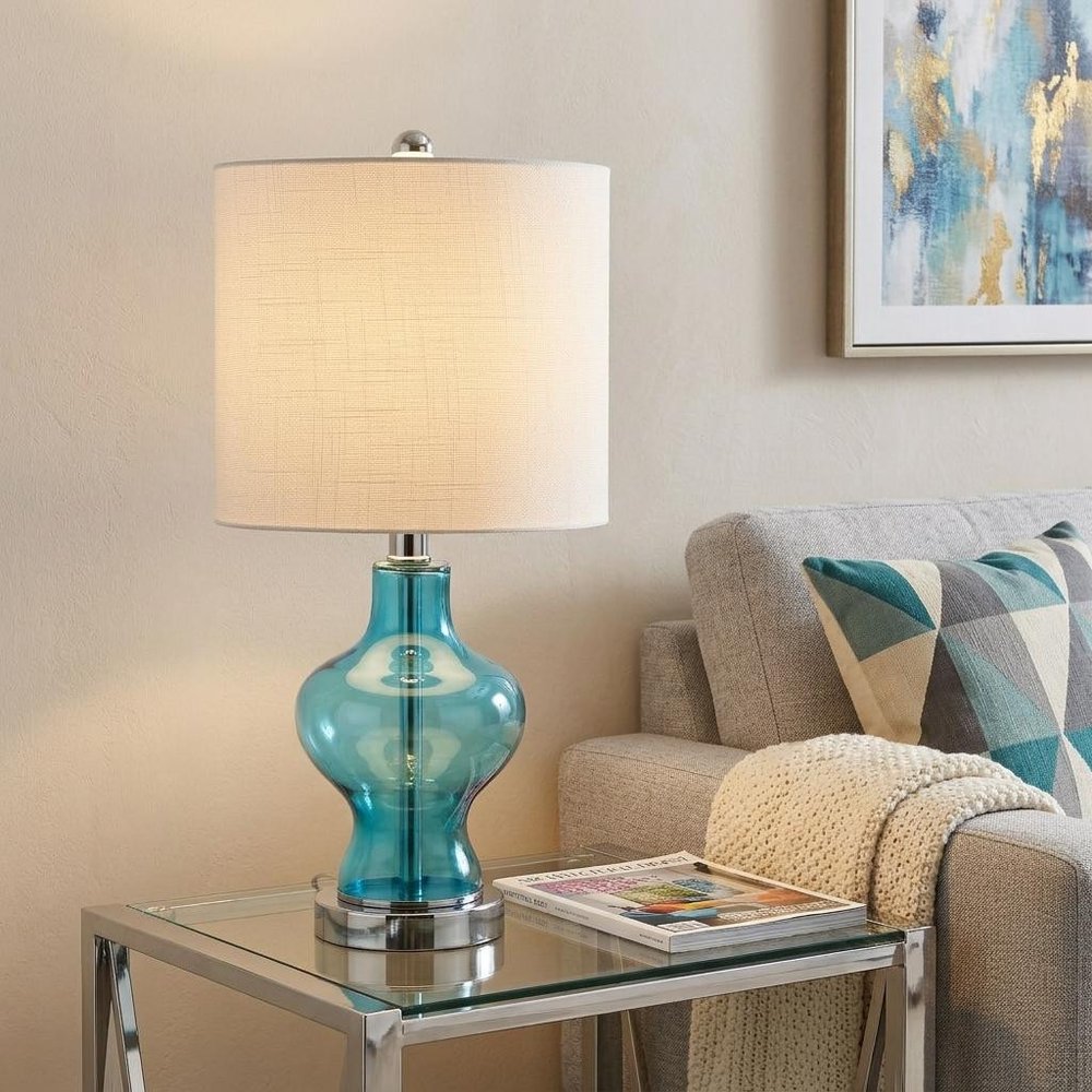 21" Aqua And Silver Novelty Bedside Lamp With Drum Shade