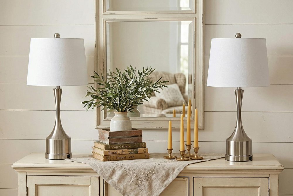 Set of Two 26" Nickel Novelty Table Lamps With Empire Shades