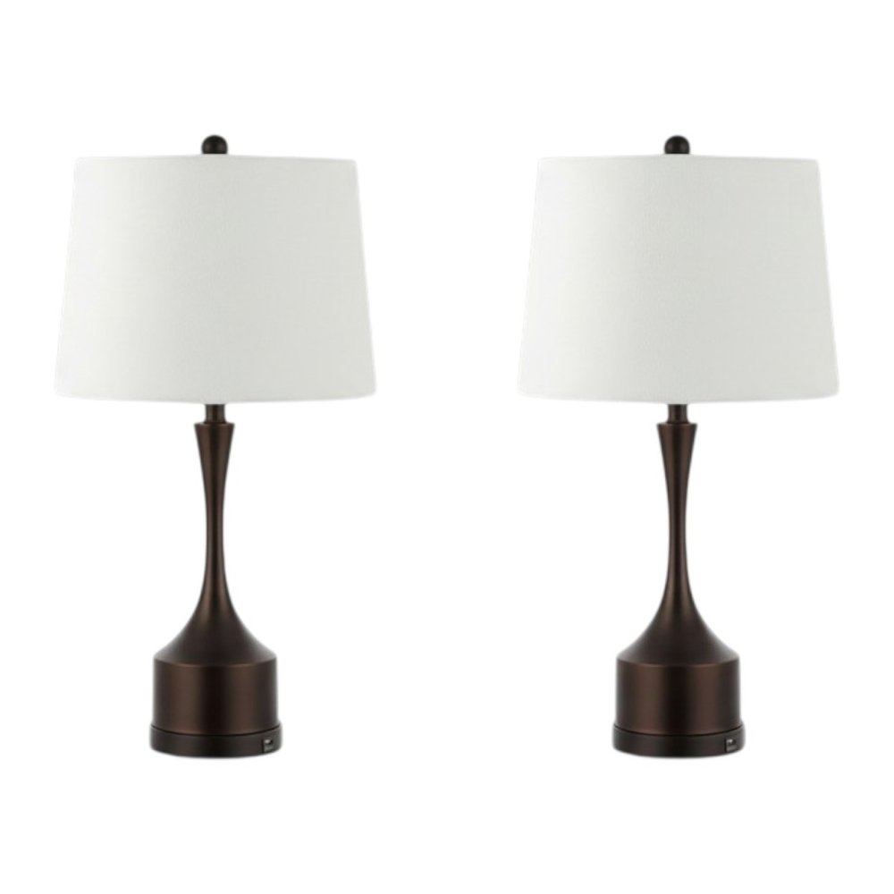 Set of Two 26" Antiqued Bronze Novelty USB Table Lamps With Empire Shades
