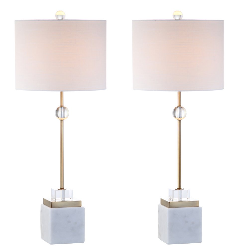 Set of Two 30" White Table Lamps With Drum Shades