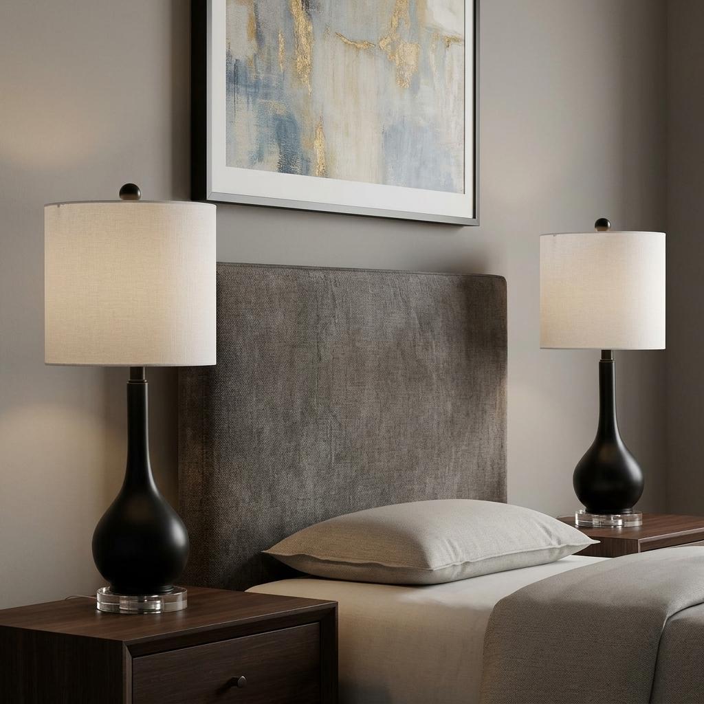 Set of Two 25" Black And Clear Gourd Table Lamps With Drum Shades