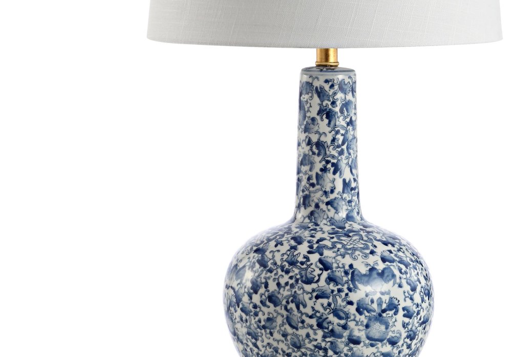 30" Blue White And Gold Gourd Table Lamp With Drum Shade