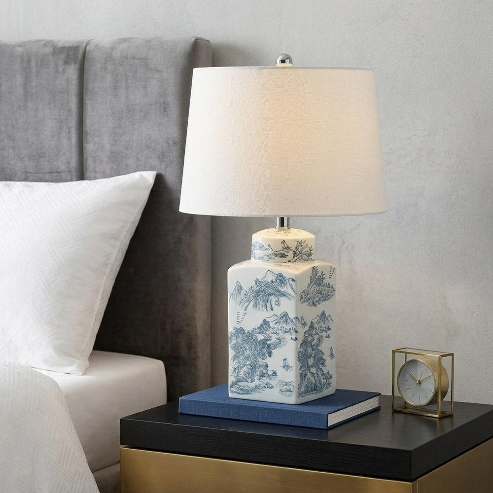 25" Blue And White Table Lamp With Drum Shade
