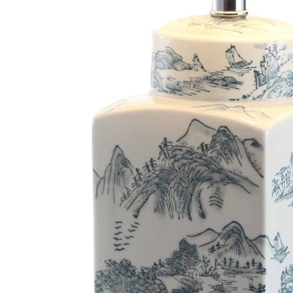 25" Blue And White Table Lamp With Drum Shade