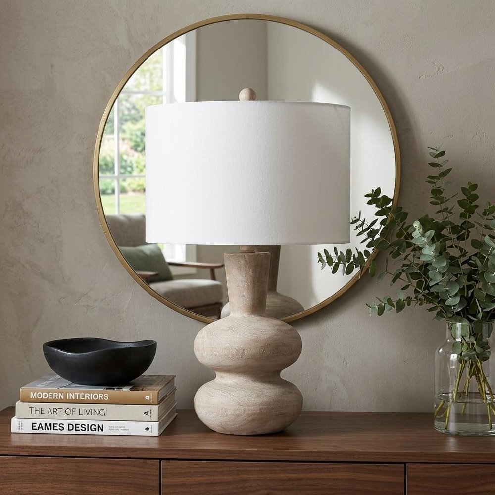24" Brown Gourd Table Lamp With Drum Shade