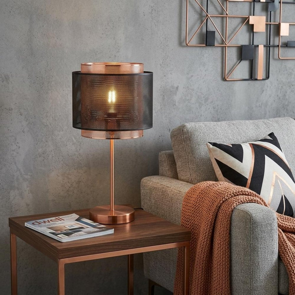 20" Copper Table Lamp With Cylinder Shade