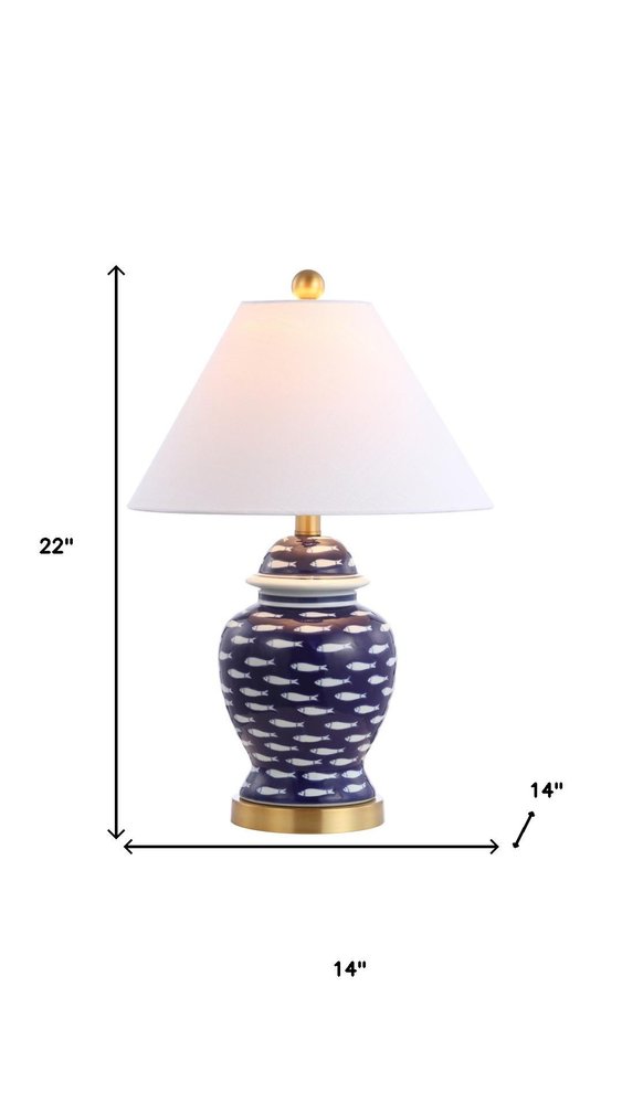 22" Navy Blue White And Gold Urn Table Lamp With Empire Shade