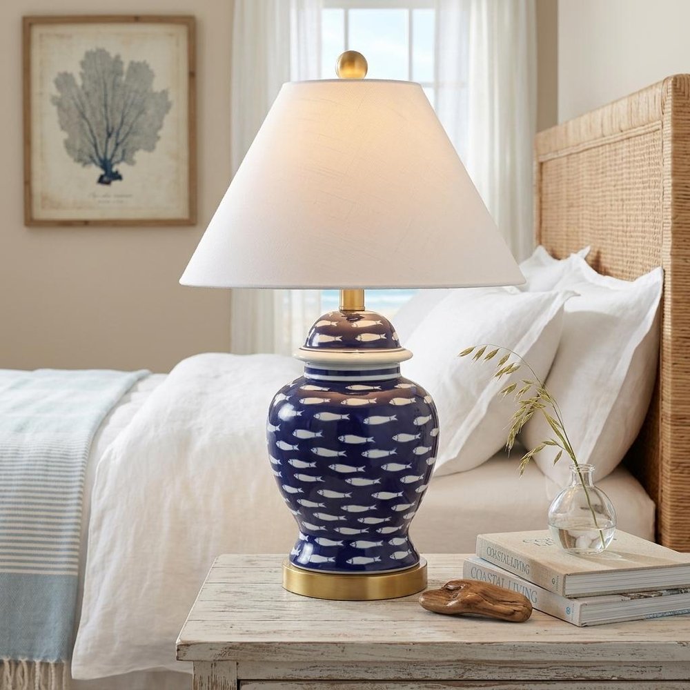 22" Navy Blue White And Gold Urn Table Lamp With Empire Shade