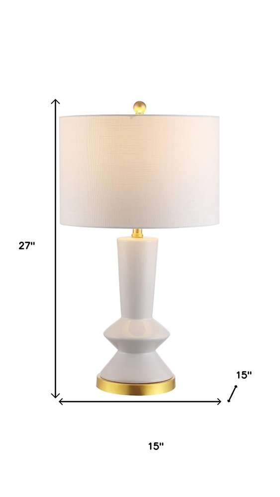 27" White And Gold Geometric Table Lamp With Drum Shade