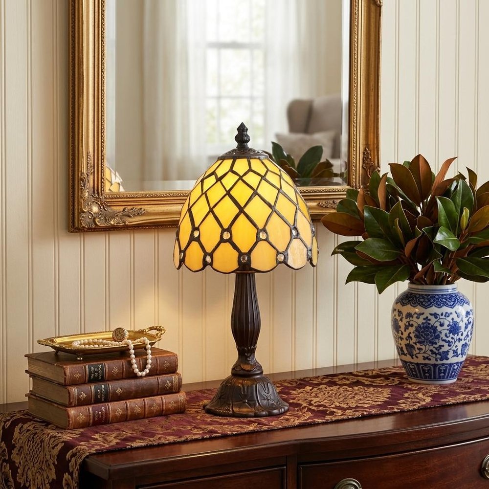 13" Bronze Novelty Tiffany Lamp With Bell Shade