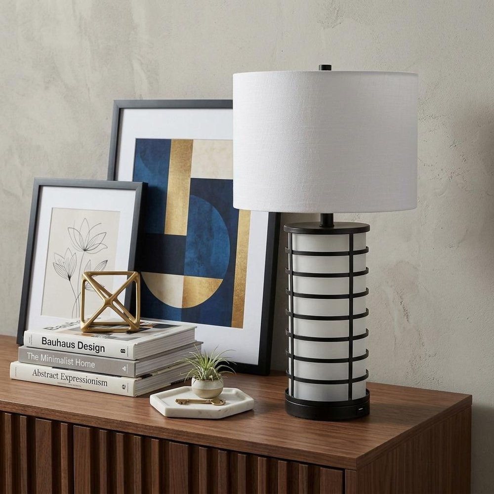 27" Black USB Table Lamp With Drum Shade