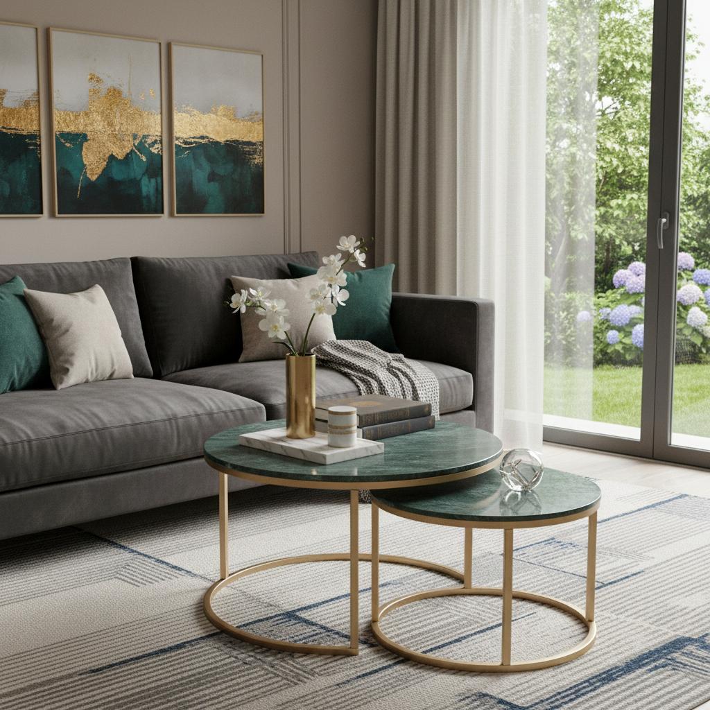 Set Of Two Green and Gold Genuine Marble and Iron Round Frame Nested Coffee Tables