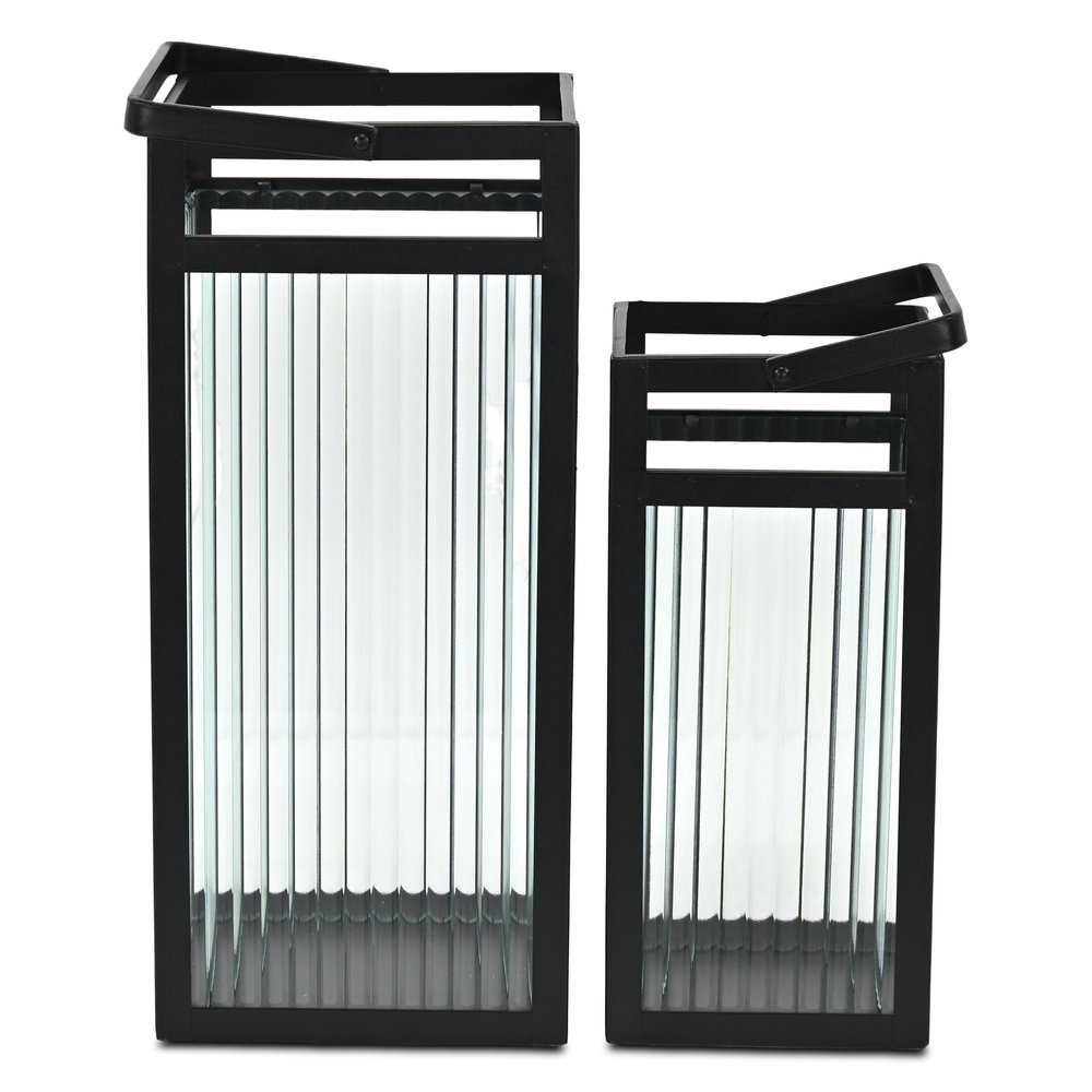 Set of Two Black Metal Floor Lantern Candle Holders