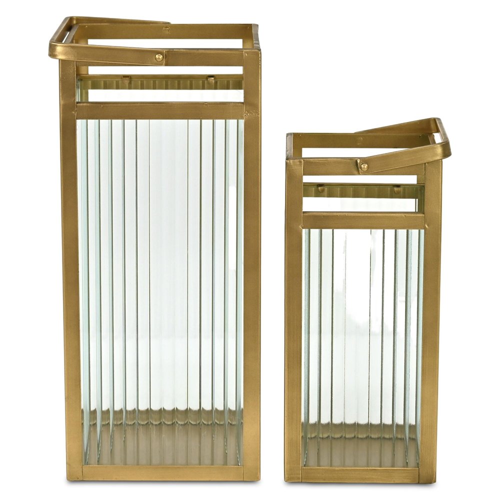 Set of Two Gold Metal Floor Lantern Candle Holders