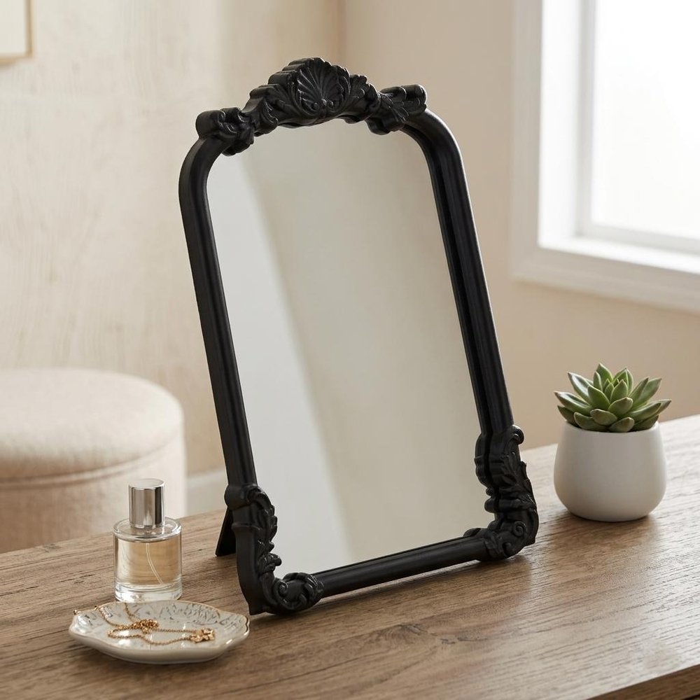 12" Black Solid Wood Scalloped Framed Makeup Shaving Tabletop Mirror