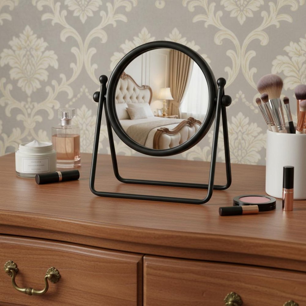 10" Black Metal Round Framed Adjustable Makeup Shaving Tabletop Mirror