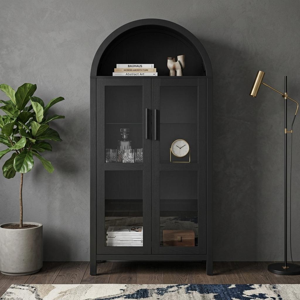 30" Black Wood Oval Accent Cabinet With Two Doors