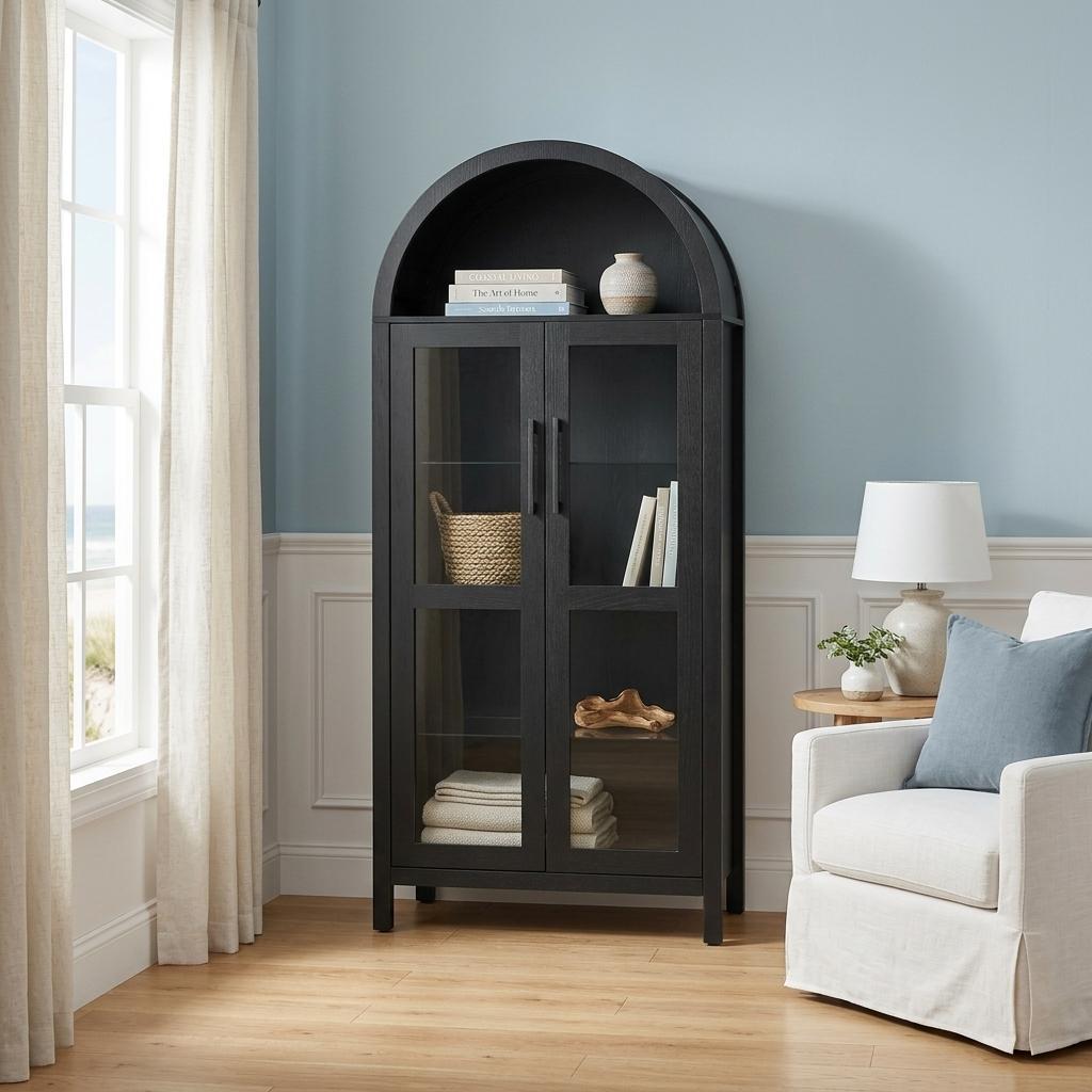30" Black Wood Oval Accent Cabinet With Two Doors