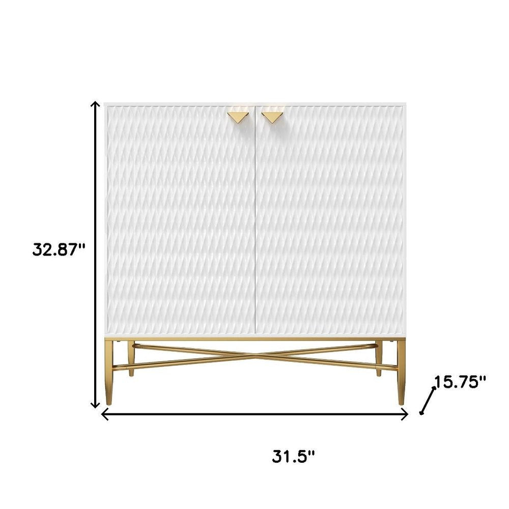 32" White and Gold Wood Accent Cabinet With Two Doors