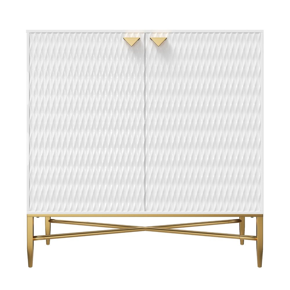32" White and Gold Wood Accent Cabinet With Two Doors
