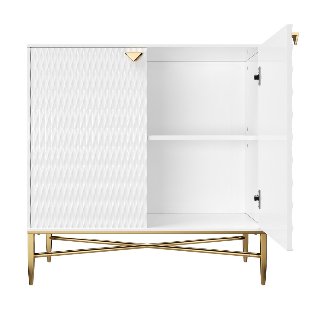 32" White and Gold Wood Accent Cabinet With Two Doors