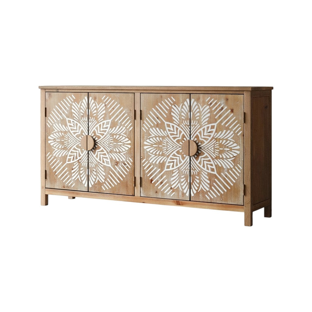 60" Brown and White Wood Carved Floral Accent Cabinet With Four Doors