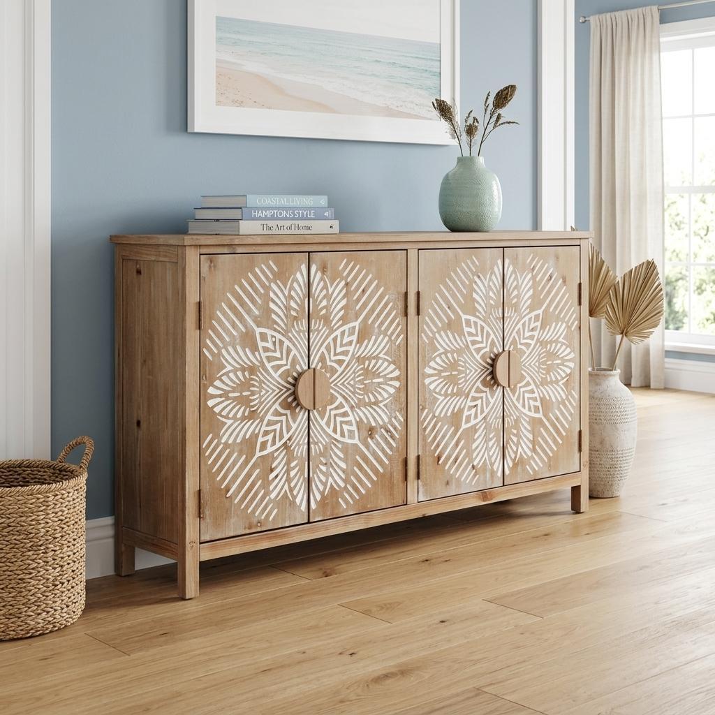 60" Brown and White Wood Carved Floral Accent Cabinet With Four Doors