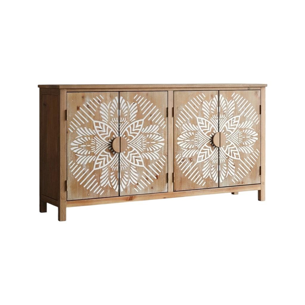 60" Brown and White Wood Carved Floral Accent Cabinet With Four Doors
