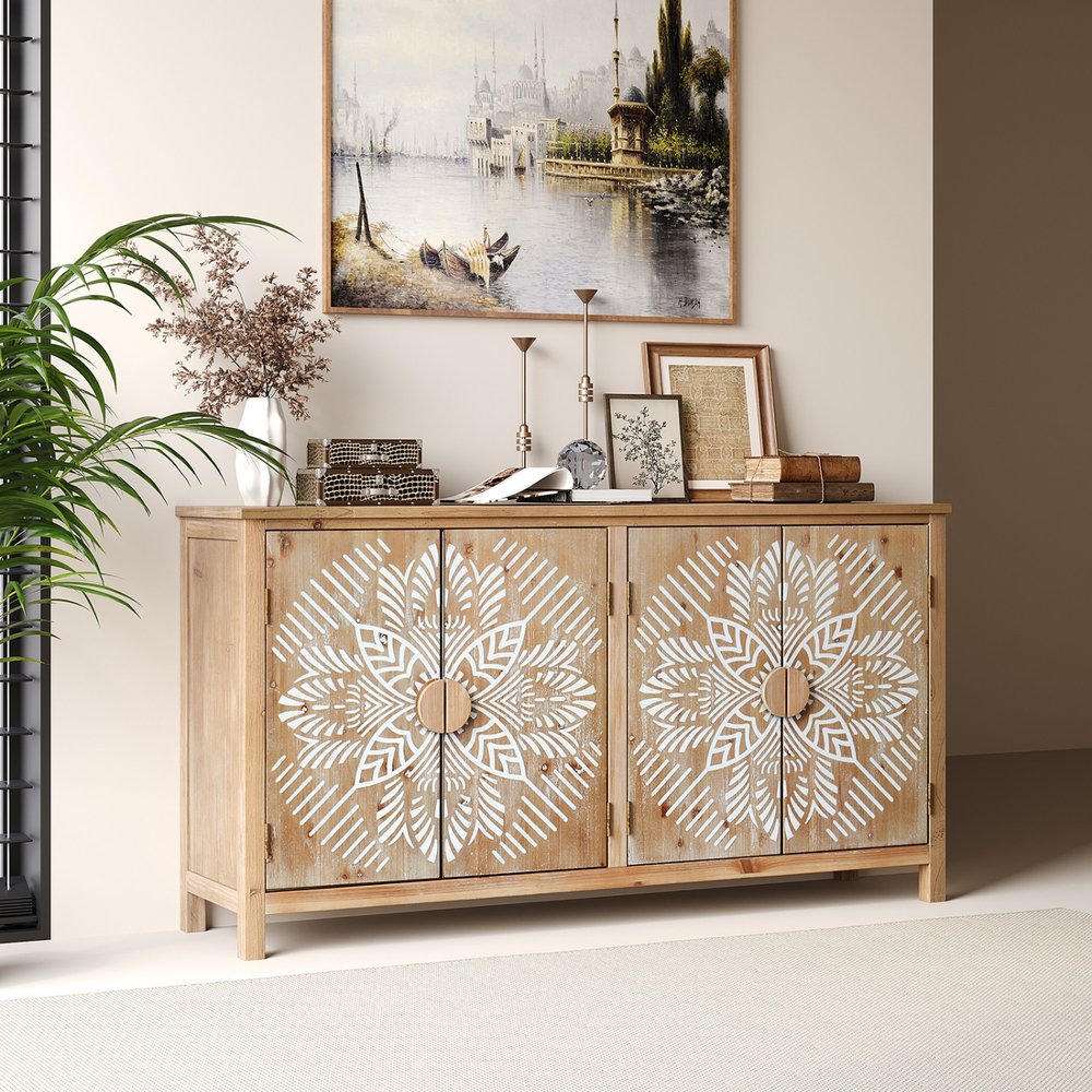 60" Brown and White Wood Carved Floral Accent Cabinet With Four Doors