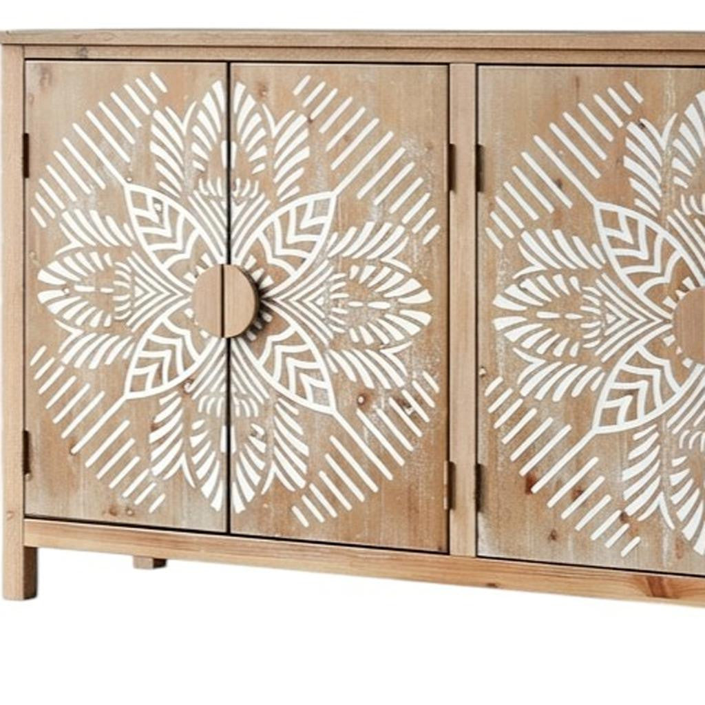 60" Brown and White Wood Carved Floral Accent Cabinet With Four Doors