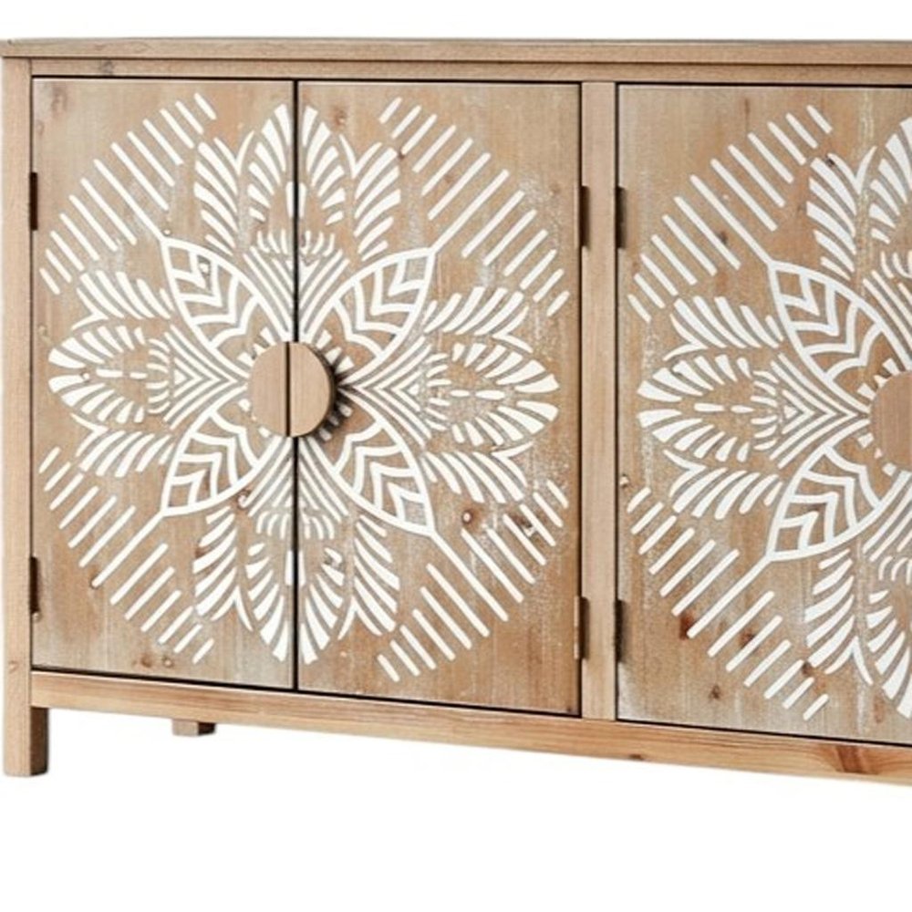 60" Brown and White Wood Carved Floral Accent Cabinet With Four Doors