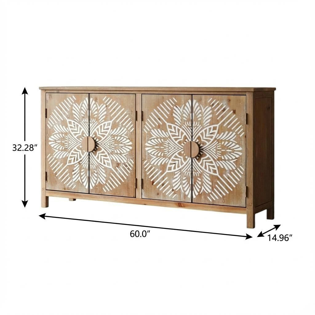 60" Brown and White Wood Carved Floral Accent Cabinet With Four Doors