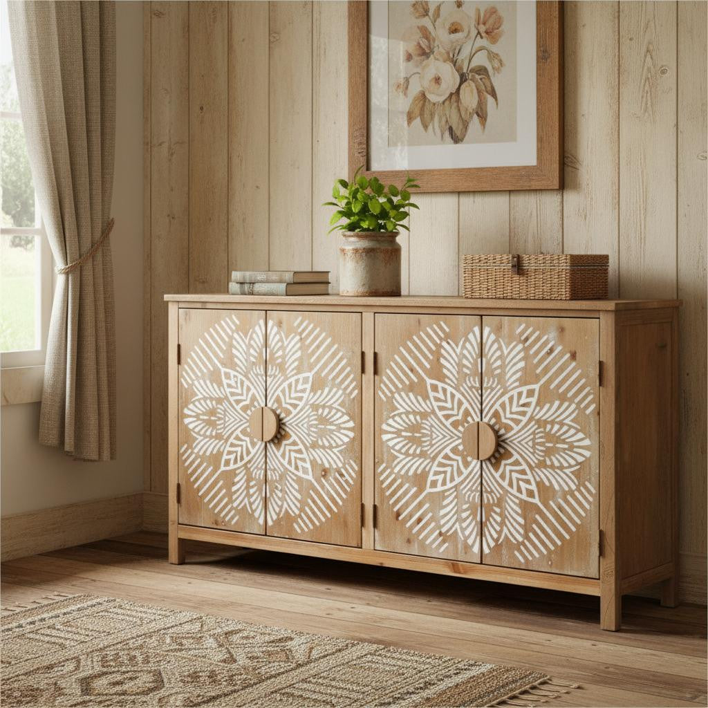 60" Brown and White Wood Carved Floral Accent Cabinet With Four Doors