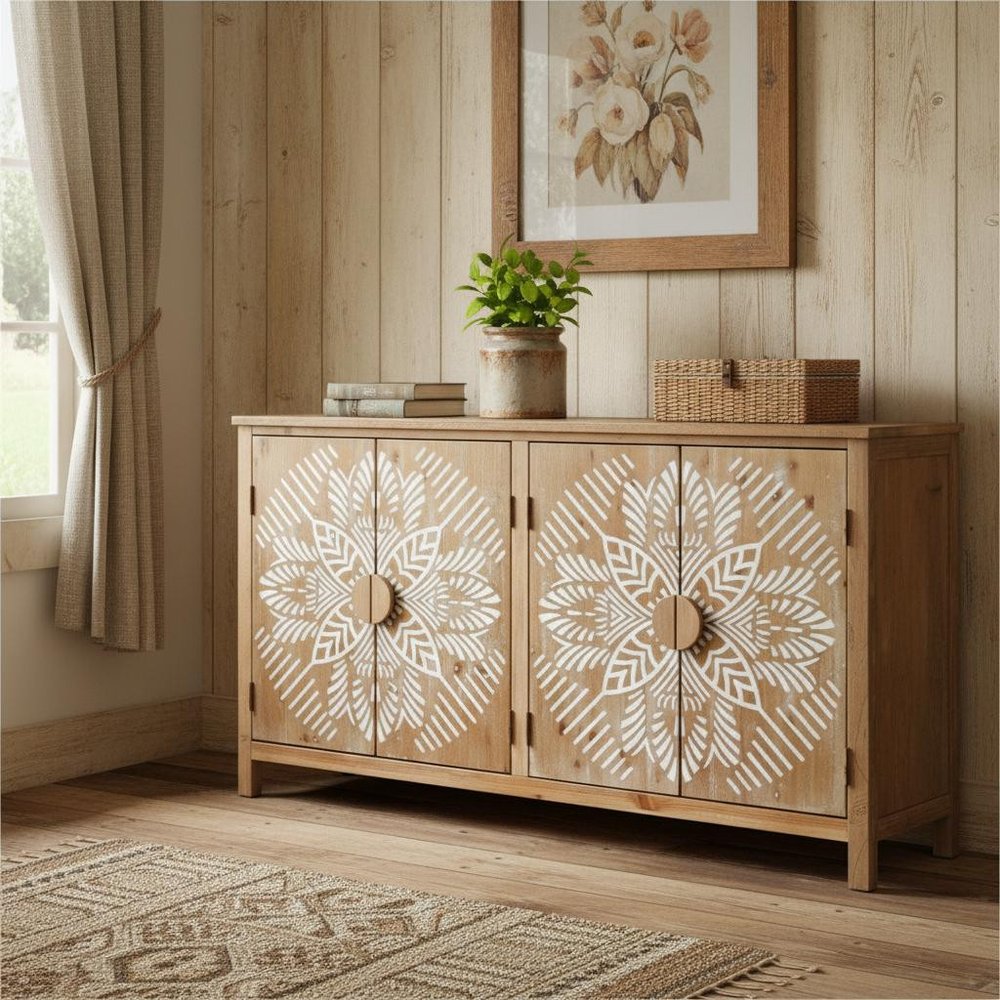 60" Brown and White Wood Carved Floral Accent Cabinet With Four Doors
