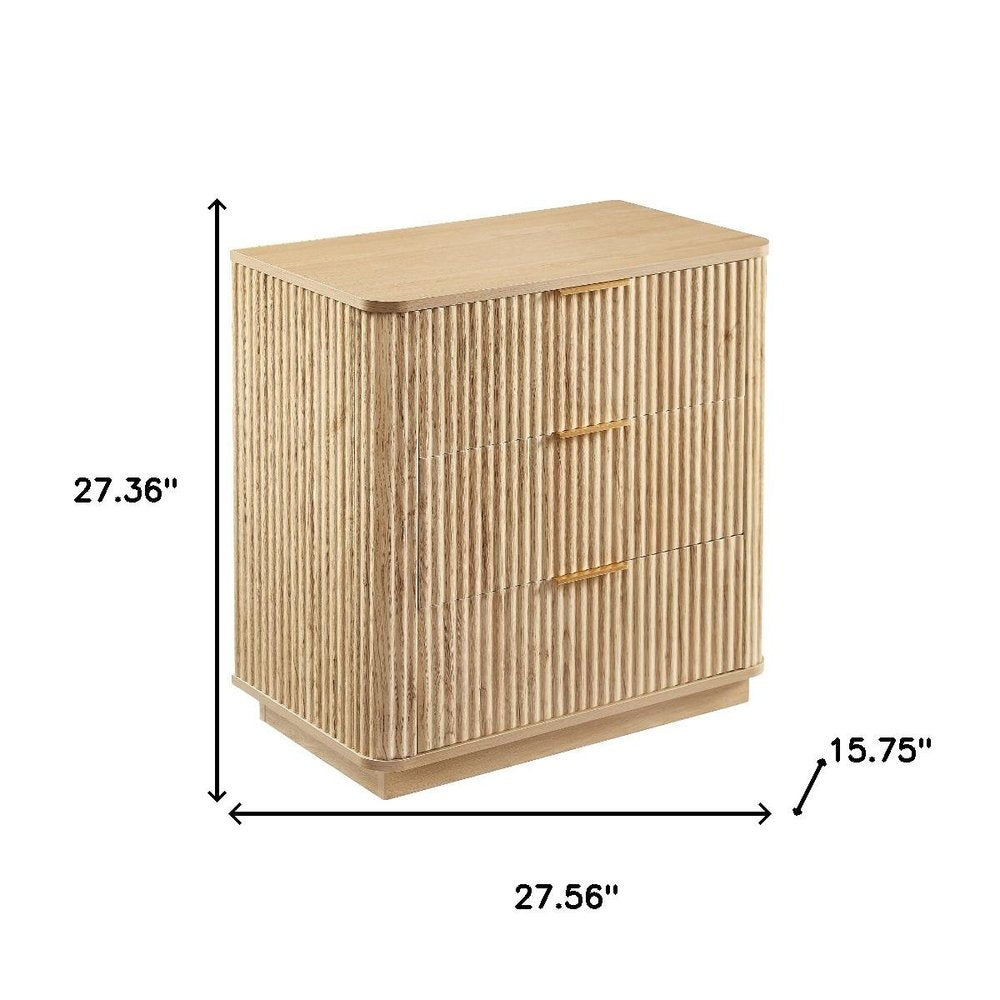 28" Oak Ribbed Texture Wood Three Drawer Dresser