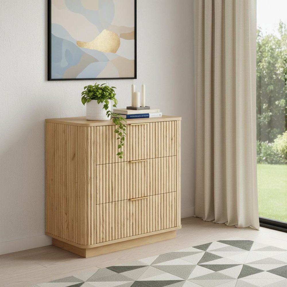 28" Oak Ribbed Texture Wood Three Drawer Dresser