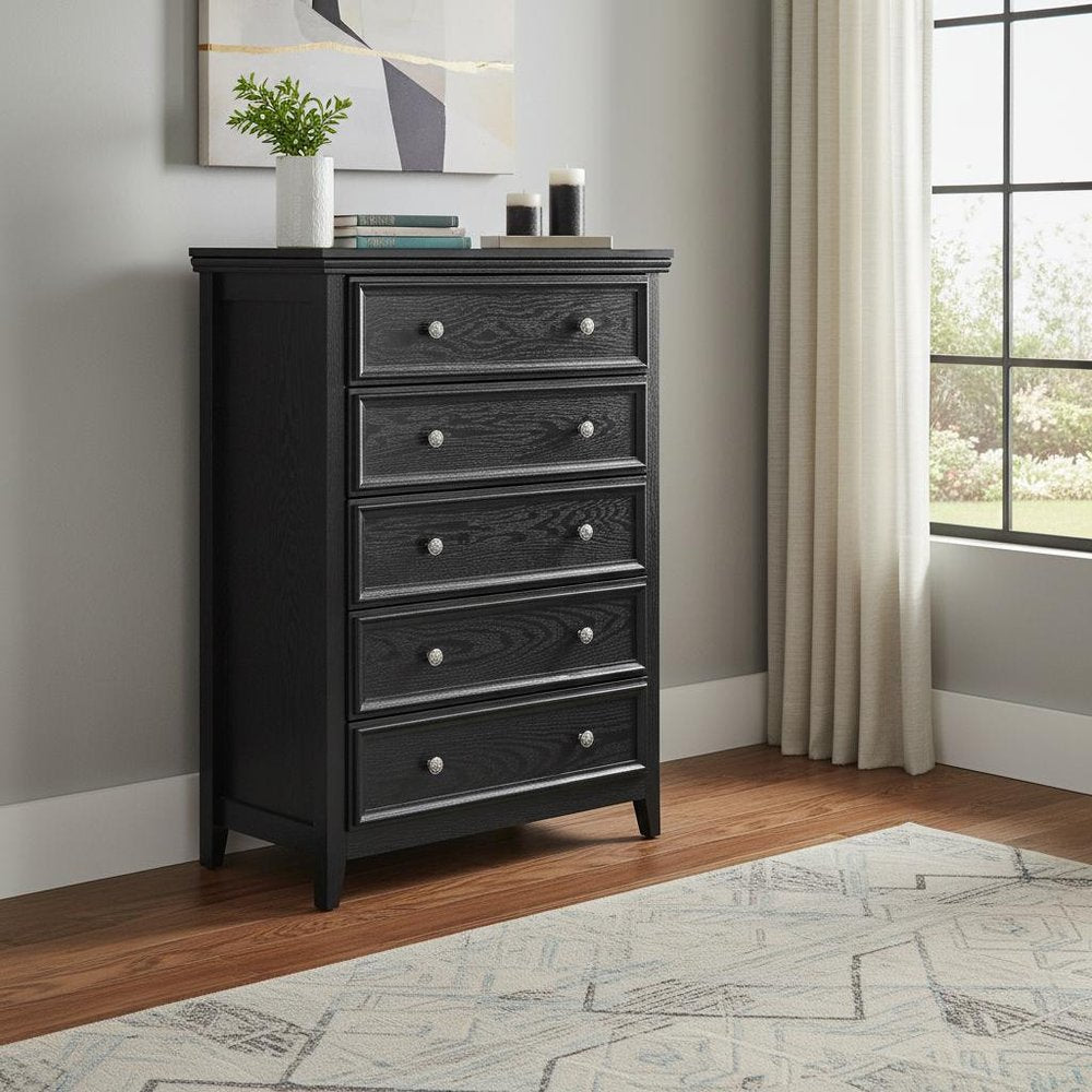 32" Black Wood Five Drawer Dresser
