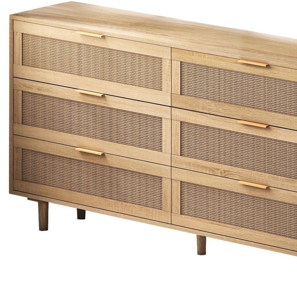 59" Natural Wood and Rattan Six Drawer Double Dresser