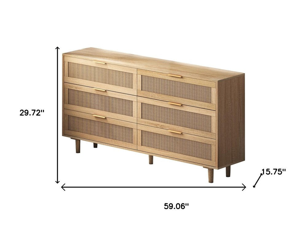 59" Natural Wood and Rattan Six Drawer Double Dresser