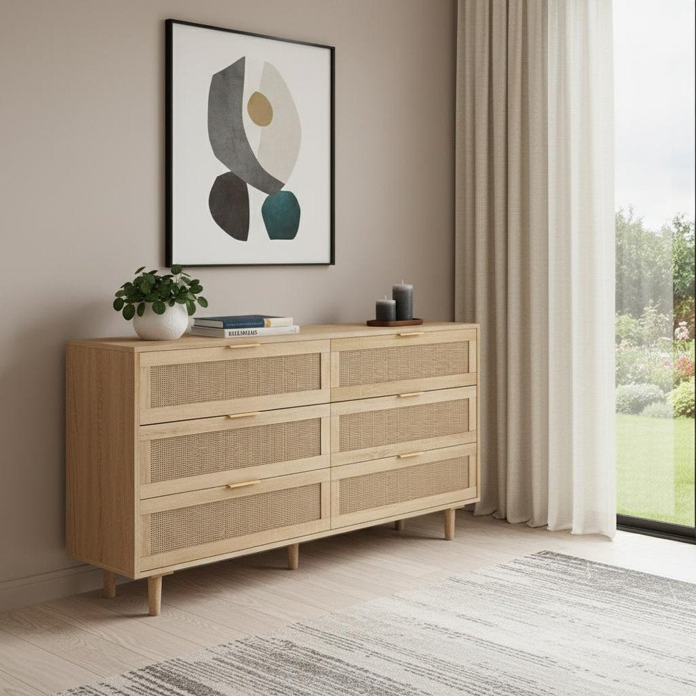 59" Natural Wood and Rattan Six Drawer Double Dresser