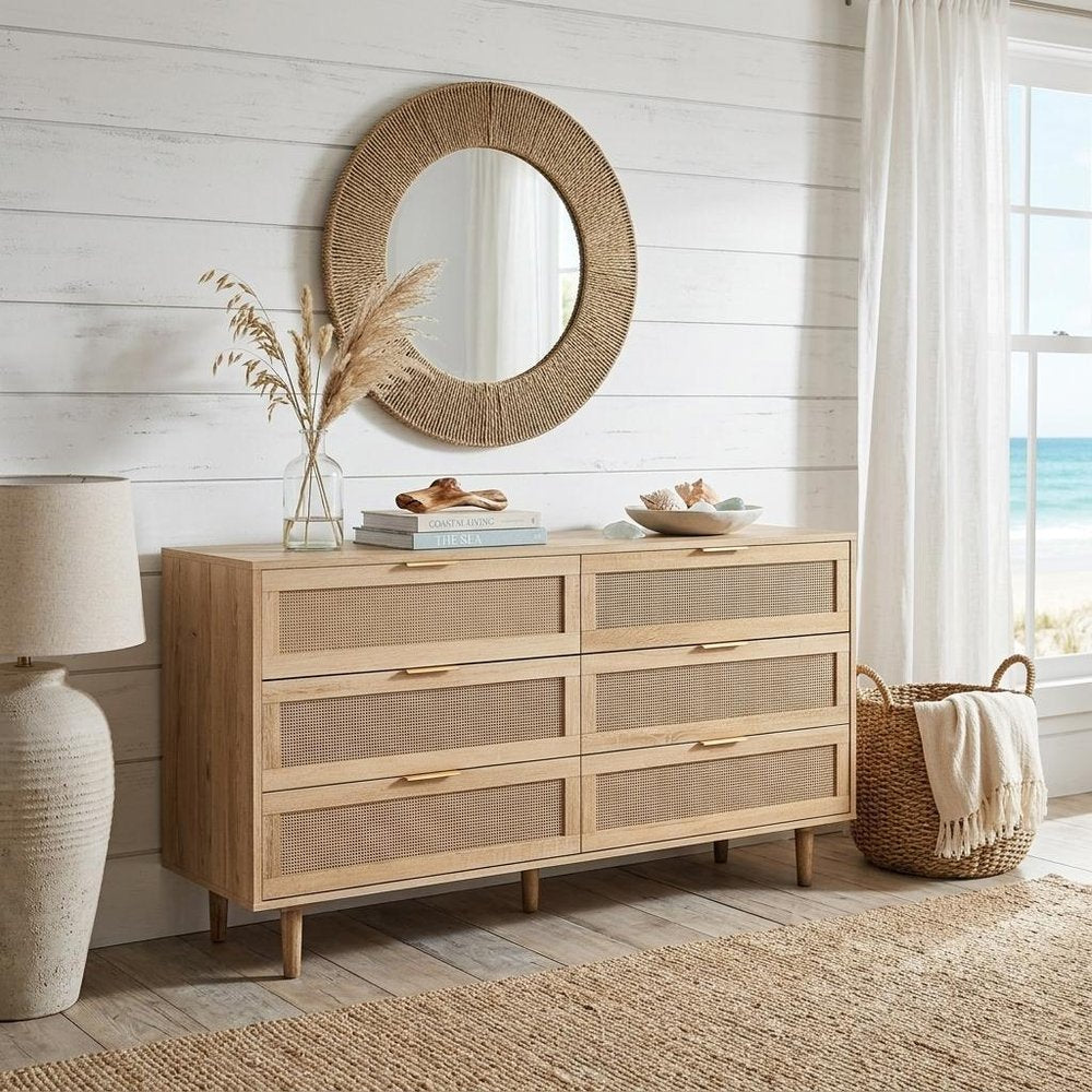 59" Natural Wood and Rattan Six Drawer Double Dresser